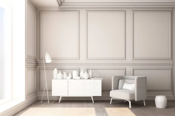 Рендеринг Иллюстрация Гостиной Роскошной Белой Классической Стеновой Панелью Белой Мебелью — стоковое фото