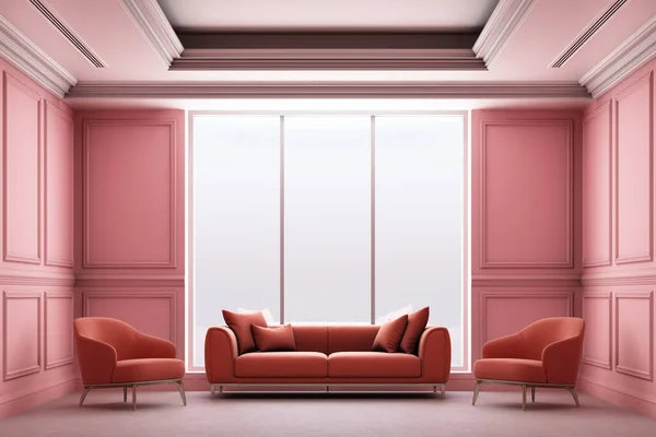 Pembe lüks klasik duvar paneliyle oturma odasının 3 boyutlu çizimi.