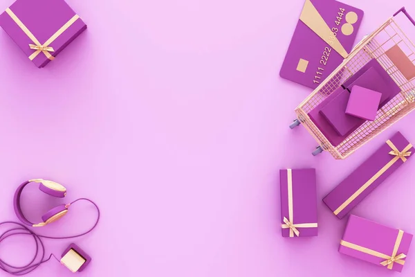 Супермаркет Кошик Оточений Подарунковою Коробкою Кредитною Карткою Фіолетовому Фоні Візуалізація — стокове фото