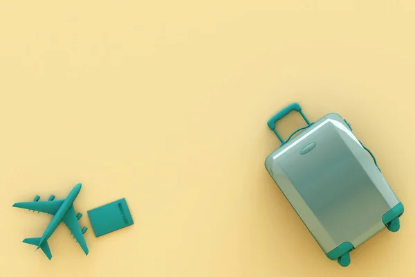 Koffer Met Traveler Accessoires Pastelgele Achtergrond Reisconcept Destructie — Stockfoto