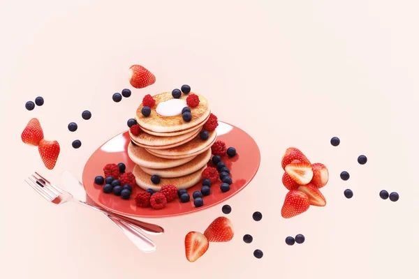 Pancake Dengan Blueberry Dan Strawberry Piring Pada Latar Belakang Pastel — Stok Foto