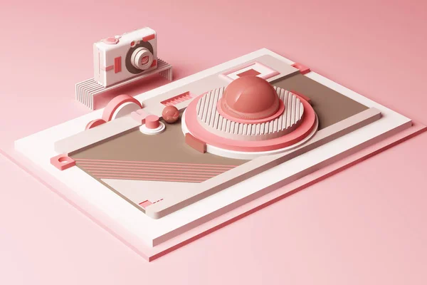 Design Con Composizione Fotocamera Forme Geometriche Stile Memphis Tono Rosa — Foto Stock