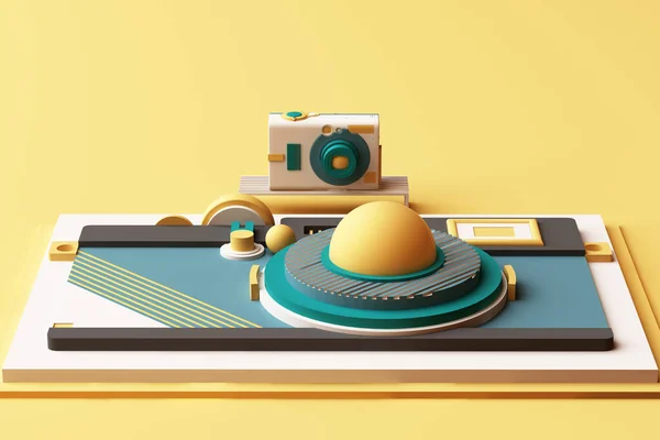 Дизайн Композицией Камеры Геометрического Стиля Мемфис Формы Желтом Зеленом Тонах — стоковое фото
