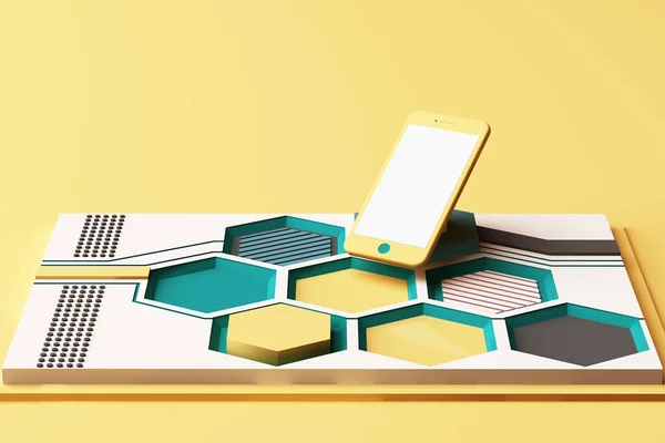 Smartphone Con Concetto Tecnologia Composizione Astratta Piattaforme Forme Geometriche Colore — Foto Stock