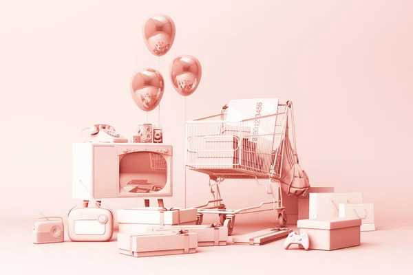 ピンクの背景にクレジットカードや多くのガジェットとギフトボックスに囲まれたスーパーマーケットのショッピングカート 3Dレンダリング — ストック写真