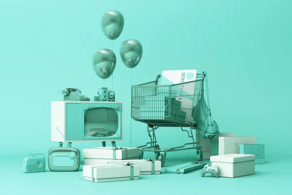 Supermarket Shopping Cart Surrounding Giftbox Credit Card Many Gadget Green — Stock Photo, Image