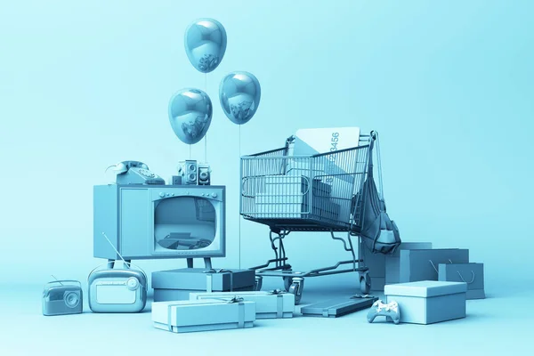 Supermarket Shopping Cart Surrounding Giftbox Credit Card Many Gadget Blue — Stock Photo, Image