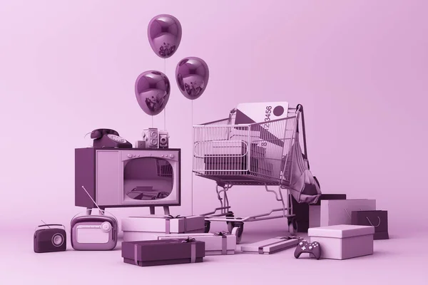 Корзина Супермаркета Окружающих Giftbox Кредитной Картой Много Гаджетов Фиолетовом Фоне — стоковое фото