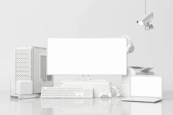 Ordenador Pantalla Blanco Loptop Con Muchos Gadgets Teble Tono Blanco — Foto de Stock