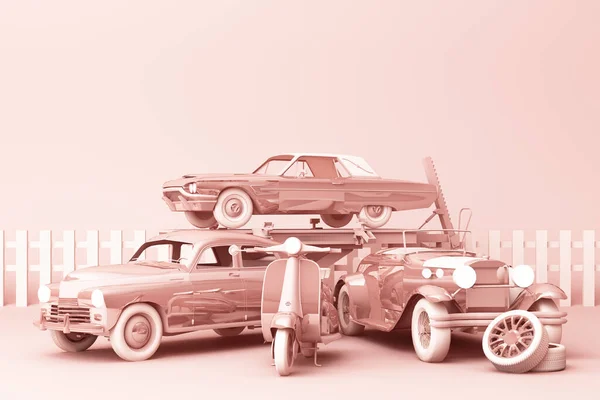 Винтажные Автомобили Розового Цвета Винтажным Скутером Розовом Фоне Рендеринг — стоковое фото