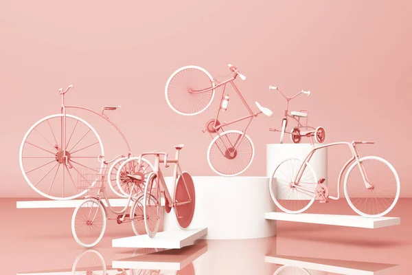 Molte Biciclette Sulla Piattaforma Con Sfondo Rosa Bici Retrò Rendering — Foto Stock