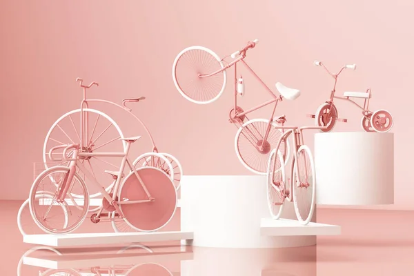 Molte Biciclette Sulla Piattaforma Con Sfondo Rosa Bici Retrò Rendering — Foto Stock