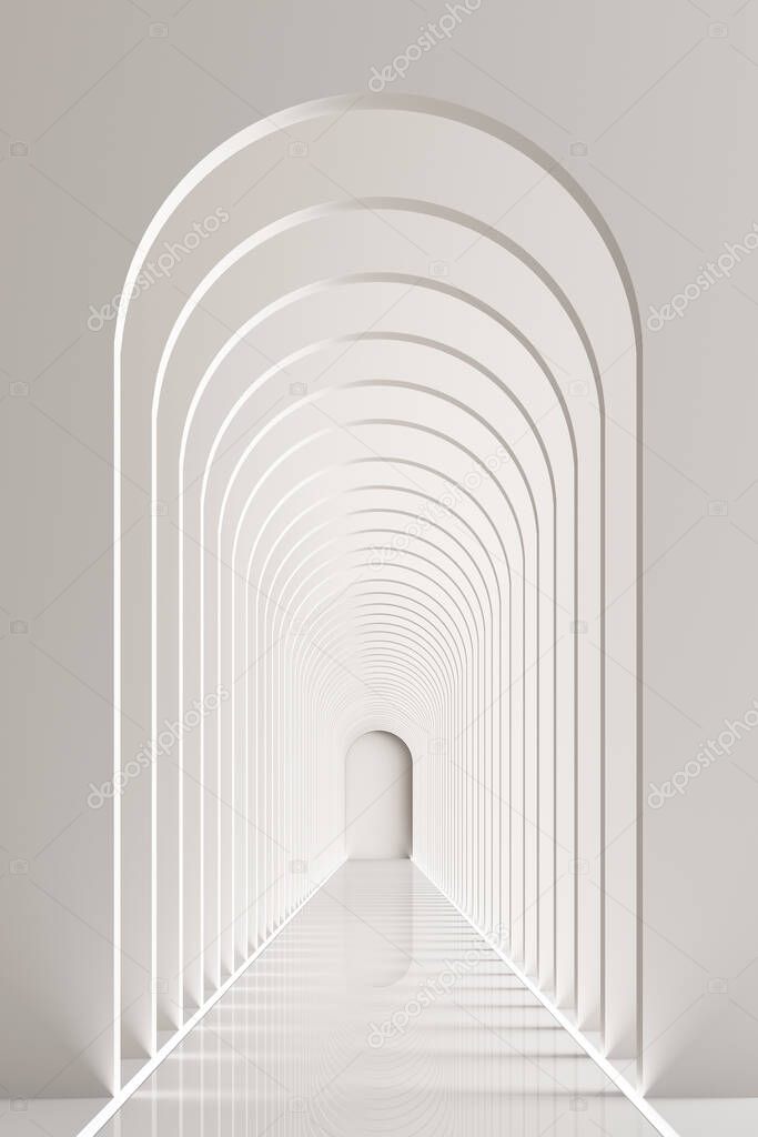 3d rendering arc rhythm hallway with LED strip light in white color tone