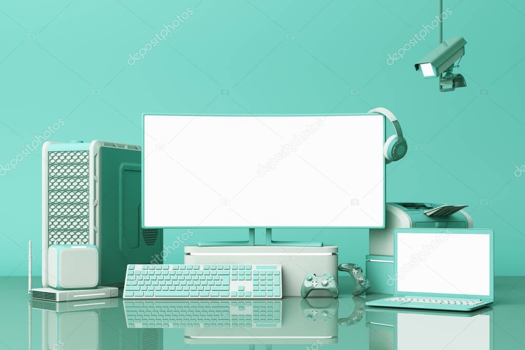 Computer and loptop white screen with many gadgets on teble in pastel green tone. 3d rendering
