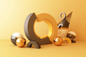Falešné složení geometrického tvaru zlata a skleněné textury se žlutým barevným pódiem pro design výrobku, 3D vykreslování, 3D ilustrace