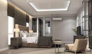 Gri Modern klasik iç tasarım yatak odası klasik element pervazları biraz kahverengi deri dokular ve siyah mermer duvar dekorasyonu ve gri yatak ve koltuk 3D görüntüleme