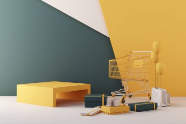 Hediye kutusu ve yeşil ve sarı arka planda geometrik şekillerle çevrili süpermarket alışveriş arabası. 3d oluşturma