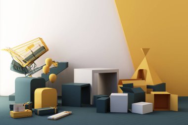 Hediye kutusu ve yeşil ve sarı arka planda geometrik şekillerle çevrili süpermarket alışveriş arabası. 3d oluşturma