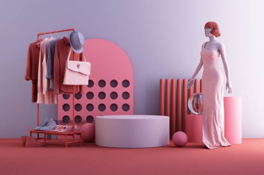 Giysiler, yerde pembe ve mavi renkte geometrik şekilli çanta ve market aksesuarlarıyla çevrili bir askıyı gösteriyor. 3d oluşturma