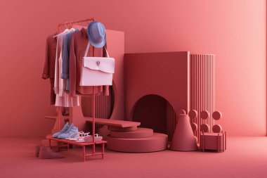 Giysiler, yerde pembe ve mavi renkte geometrik şekilli çanta ve market aksesuarlarıyla çevrili bir askıyı gösteriyor. 3d oluşturma