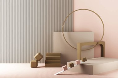 Kahverengi ve pembe tonlarında doğrudan güneş ışığı alan minimum soyut geometrik arkaplan. Ürün sunumu için boş podyumu olan 3D görüntüleme sahnesi