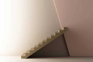 Kahverengi ve pembe tonlarında doğrudan güneş ışığı alan minimum soyut geometrik arkaplan. Ürün sunumu için boş podyumu olan 3D görüntüleme sahnesi