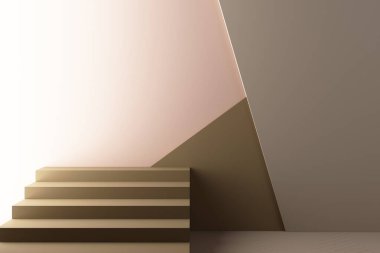 Kahverengi ve pembe tonlarında doğrudan güneş ışığı alan minimum soyut geometrik arkaplan. Ürün sunumu için boş podyumu olan 3D görüntüleme sahnesi