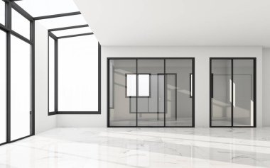 Pencereleri, güneş ışığı ve beyaz taşlı döşemesi olan boş beyaz bir oda. 3d oluşturma