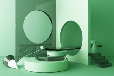 Ürün tasarımı için yeşil renk podyumu ile geometrik şekil cam dokusunun bileşimini düzenle, 3D görüntüleme, 3D illüstrasyon