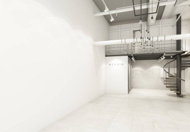 Depodaki depo girişinde havalandırma kanalı ve sistem işleme 3D dekorasyonuyla zemin dekorasyonunu bekliyor.