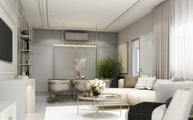 Duvarları dekore edilmiş modern klasik yaşam alanı ve koltuğu ve koltuğu gri tonda 3D işlemeli mobilya.