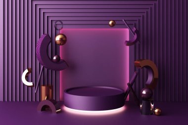 Ürün tasarımı için mor renk podyumu ile geometrik şekilli altın ve cam dokunun bileşimini taklit et, 3d görüntüleme, 3d illüstrasyon