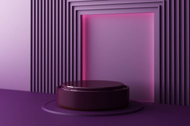 Ürün tasarımı için mor renk podyumu ile geometrik şekilli altın ve cam dokunun bileşimini taklit et, 3d görüntüleme, 3d illüstrasyon