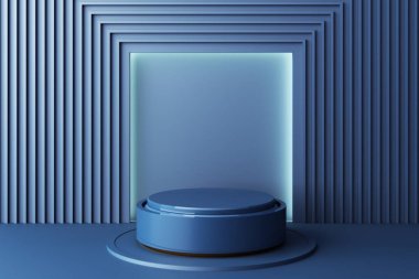 Ürün tasarımı için mavi renk podyumu ile geometrik şekilli altın ve cam dokunun bileşimini taklit et, 3d görüntüleme, 3d illüstrasyon
