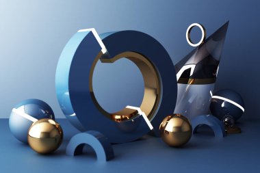 Ürün tasarımı için mavi renk podyumu ile geometrik şekilli altın ve cam dokunun bileşimini taklit et, 3d görüntüleme, 3d illüstrasyon