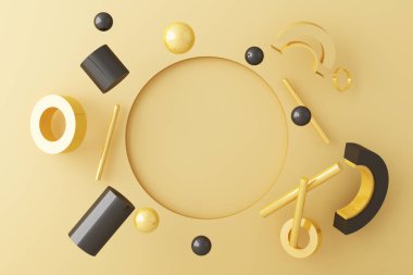 Ürün tasarımı için sarı renk podyumu ile geometrik şekilli altın ve cam dokunun bileşimini taklit et, 3D görüntüleme, 3D illüstrasyon