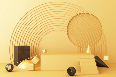 Ürün tasarımı için sarı renk podyumu ile geometrik şekilli altın ve cam dokunun bileşimini taklit et, 3D görüntüleme, 3D illüstrasyon
