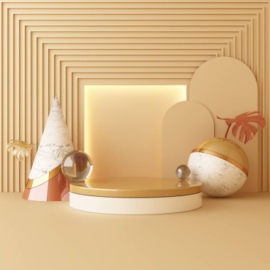 Ürün tasarımı için kahverengi krem rengi podyumu ile geometrik şekilli altın ve cam dokunun bileşimini düzenle, 3D görüntüleme, 3D illüstrasyon