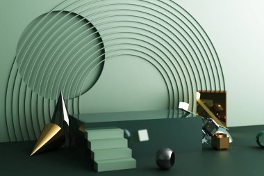 Ürün tasarımı için yeşil renk podyumu ile geometrik şekilli altın ve cam dokunun bileşimini taklit et, 3D görüntüleme, 3D illüstrasyon