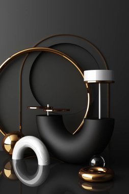 Geometrik şekilli altın ve cam dokuyu ürün tasarımı için siyah renk podyumu, 3D görüntüleme, 3D illüstrasyon dikey çerçeve
