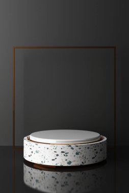 Geometrik şekilli altın ve cam dokuyu ürün tasarımı için siyah renk podyumu, 3D görüntüleme, 3D illüstrasyon dikey çerçeve