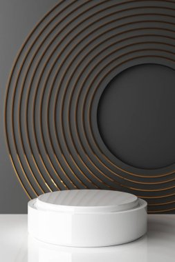 Geometrik şekilli altın ve cam dokuyu ürün tasarımı için siyah renk podyumu, 3D görüntüleme, 3D illüstrasyon dikey çerçeve