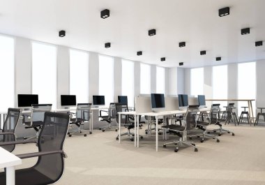 Modern ofiste halı döşemesi ve toplantı odası olan çalışma alanı. dahili 3d oluşturma