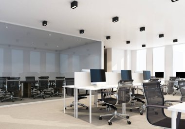 Modern ofiste halı döşemesi ve toplantı odası olan çalışma alanı. dahili 3d oluşturma