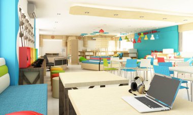 Öğrenciler için renkli ve ahşap çocuk kütüphanesi iç tasarımı. Eğlence ve okyanus konsepti 3D görüntüleme