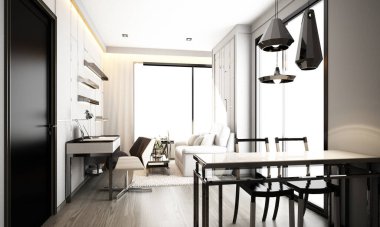 Gri minimal modern klasik iç tasarım. Büyük pencereli apartman dairesi, ev ve yemek alanı 3D.