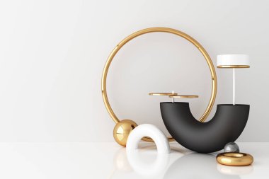 Geometrik şekil altın ve cam dokuyu ürün tasarımı için beyaz renk podyumu, 3D görüntüleme, 3D illüstrasyon