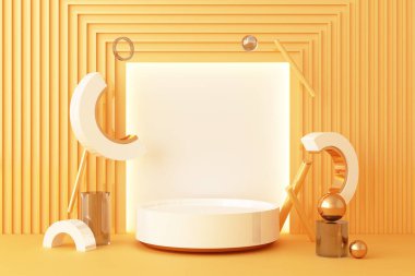 Geometrik şekil altın ve cam dokuyu ürün tasarımı için beyaz renk podyumu, 3D görüntüleme, 3D illüstrasyon