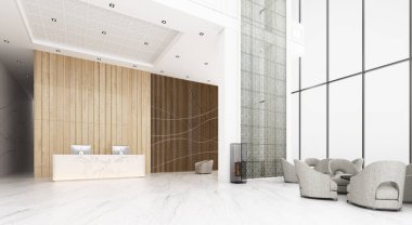 Otel resepsiyon salonu. Tavan asma kat manzaralı. Bekleme odası var. Resepsiyon tezgahı ile ahşap ve metal malzemeler kullanarak Çin tarzı dekore edin. 3d oluşturma