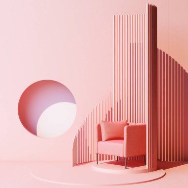 Podyum platformunda pembe koltuklu küçük geometrik şekil modayla pembe soyut stüdyo modasını oluşturun. 3d oluşturma